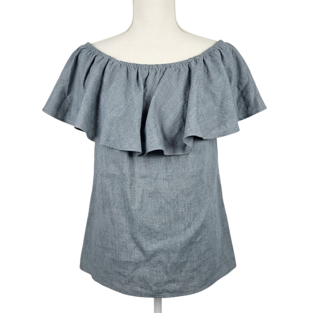 Reformation Deadstock Off Shoulder Ruffle Flounce Chambray Blue Linen Top XS